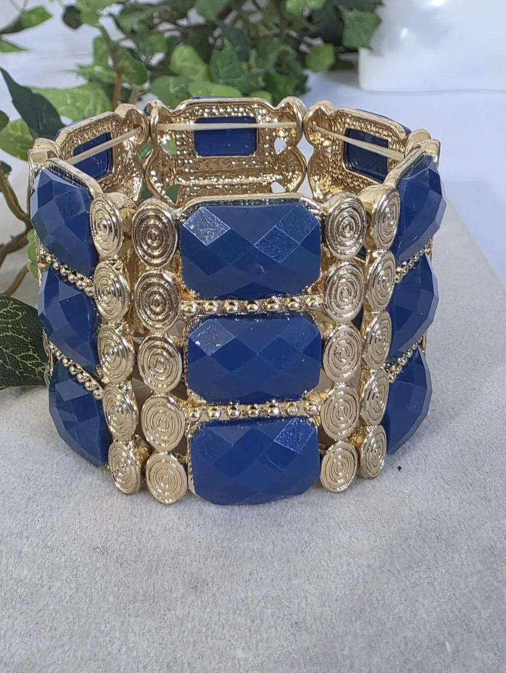 Bold Royal Blue Cabochon & Gold Tone Stretch Statement Cuff Bracelet